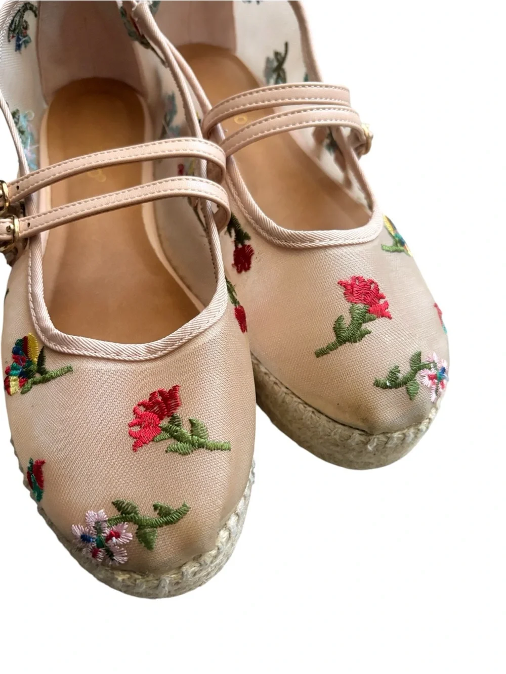 Bamboo Beige Embroidered Mary Jane Espadrille Flats size 5.5